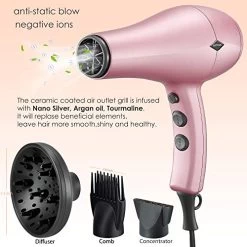 NITION Negative Ions Ceramic Hair Dryer With Diffuser Attachment,Ionic Blow Dryer Quick Drying,1875 Watt 2 Speed / 3 Heat Settings,Cool Shot Button,Lightweight,Rose Pink -Boutique Wig Shop 51 JmawH2FL