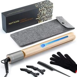 NITION Professional Salon Hair Straightener Argan Oil Ceramic Tourmaline Titanium Straightening Flat Iron For Healthy Styling,LCD 265°F-450°F,2-in-1 Curling Iron For All Hair Type,Gold,1 Inch Plate