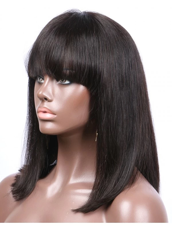 Straight Lace Front Wigs With Bangs Indian Human Hair Bob Natural Color Non-Remy 8-16'' 130denisty For Black Women 2 Straight Lace Front Wigs With Bangs Indian Human Hair Bob Natural Color Non-Remy 8-16'' 130denisty For Black Women - Image 2