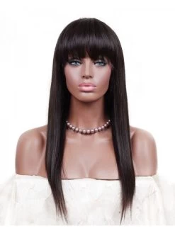 Silky Straight Synthetic Hair Glueless Lace Front Wigs With Bangs Fringe Natural Black 20-30inch For Women