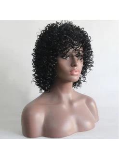 Natural Black Kinky Curly Short Ynthetic Hair Women Wigs With Bangs
