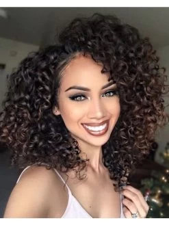 Full Lace Medium Synthetic Hair Curly Brown Wig Without Bangs