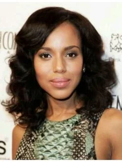 Lace Front Shoulder Length Remy Human Hair Wavy Wig Without Bangs