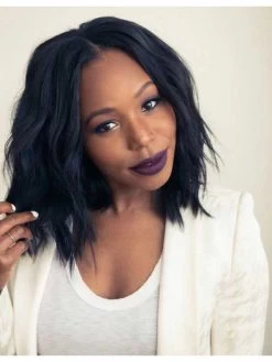 Lace Front Medium Remy Human Hair Wavy Black Wig Without Bangs