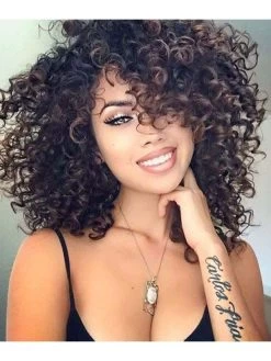 Capless Shoulder Length Synthetic Hair Curly Brown Wig With Bangs