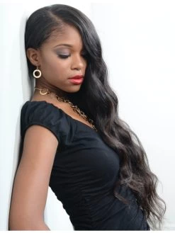 Lace Front Long Remy Human Hair Wavy Black Wig Without Bangs