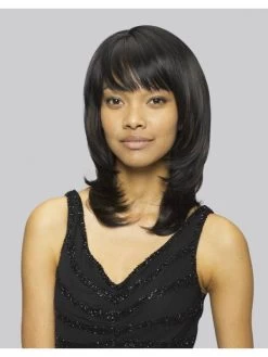 Capless Medium Remy Human Hair Straight Black Layered Wig