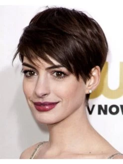 Straight Capless Cropped Remy Human Hair With Bangs Brown Wig