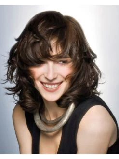 Capless Medium Remy Human Hair Wavy Brown Wig With Bangs