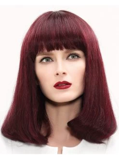 Capless Medium Remy Human Hair Wavy Auburn Wig With Bangs