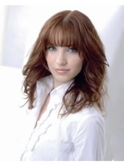 Capless Long Remy Human Hair Wavy Brown Wig With Bangs